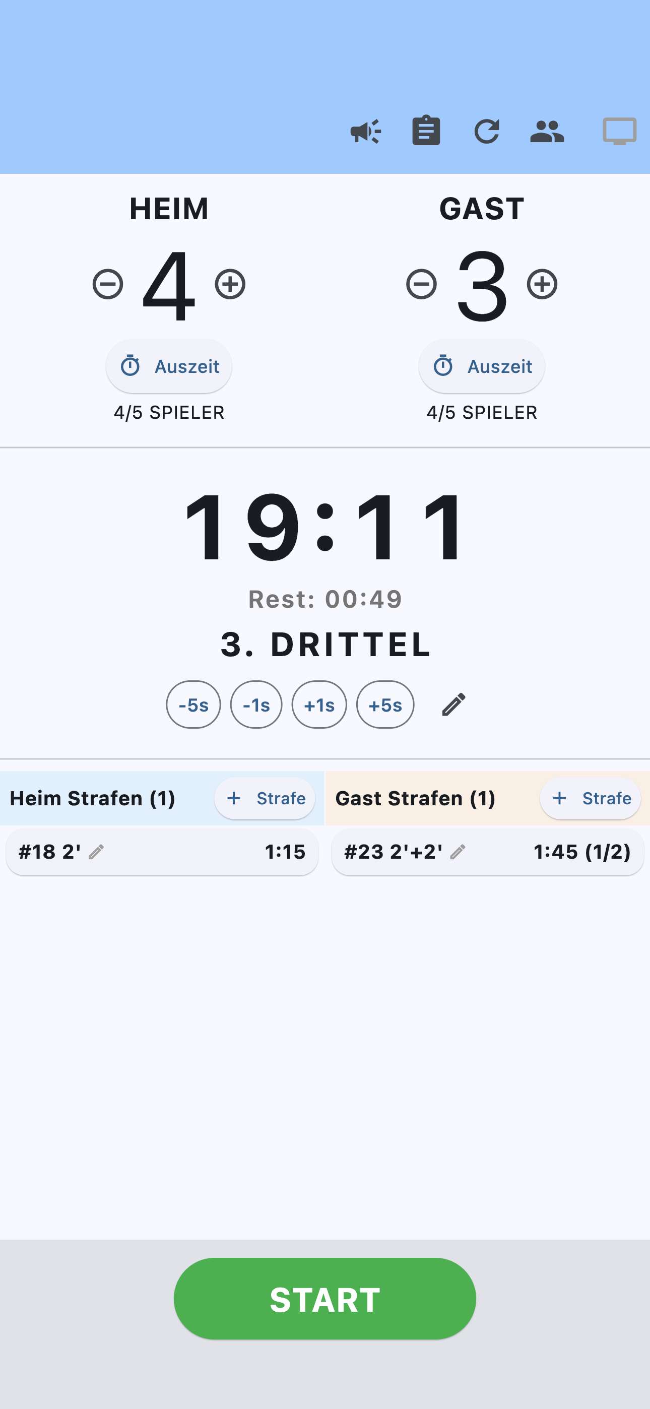 Floorball Clock iPhone Screenshot Hauptsteuerung mit Zeitanpassung