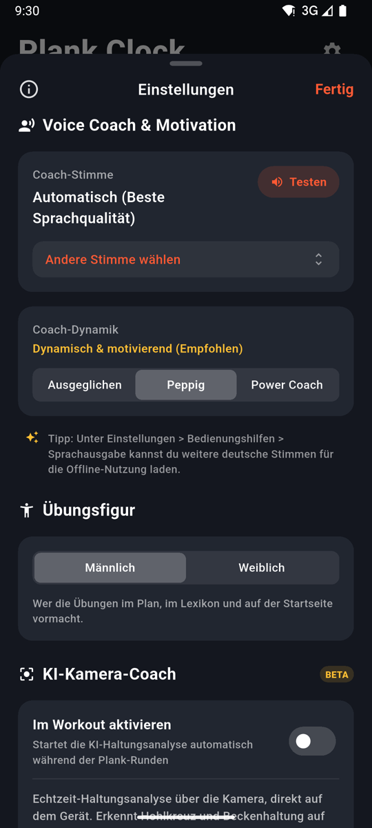 Einstellungen mit Voice Coach, Übungsfigur und KI-Kamera-Coach