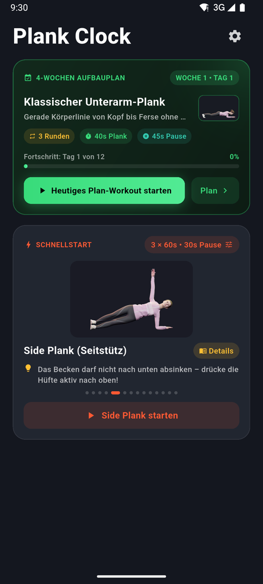 Startseite mit laufendem 4-Wochen-Plan und weiblicher Übungsfigur