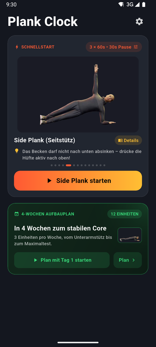 Plank Clock Startseite mit Schnellstart und animiertem Side Plank