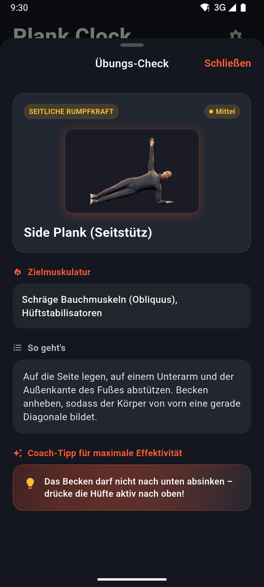 Übungs-Check mit 3D-Animation, Zielmuskulatur und Coach-Tipp