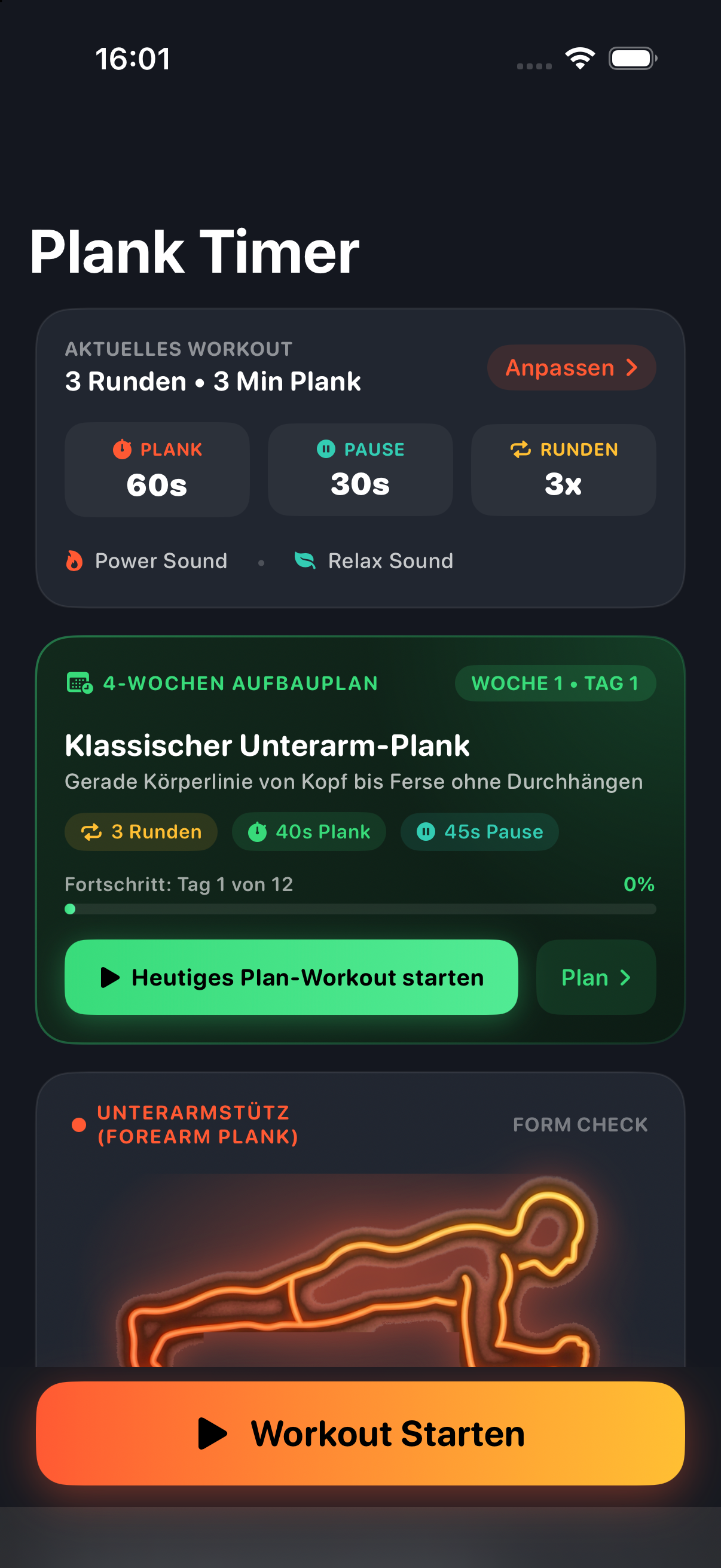 Plank Musik Timer Startseite mit Plank-Haltungsguide und Schnellstart