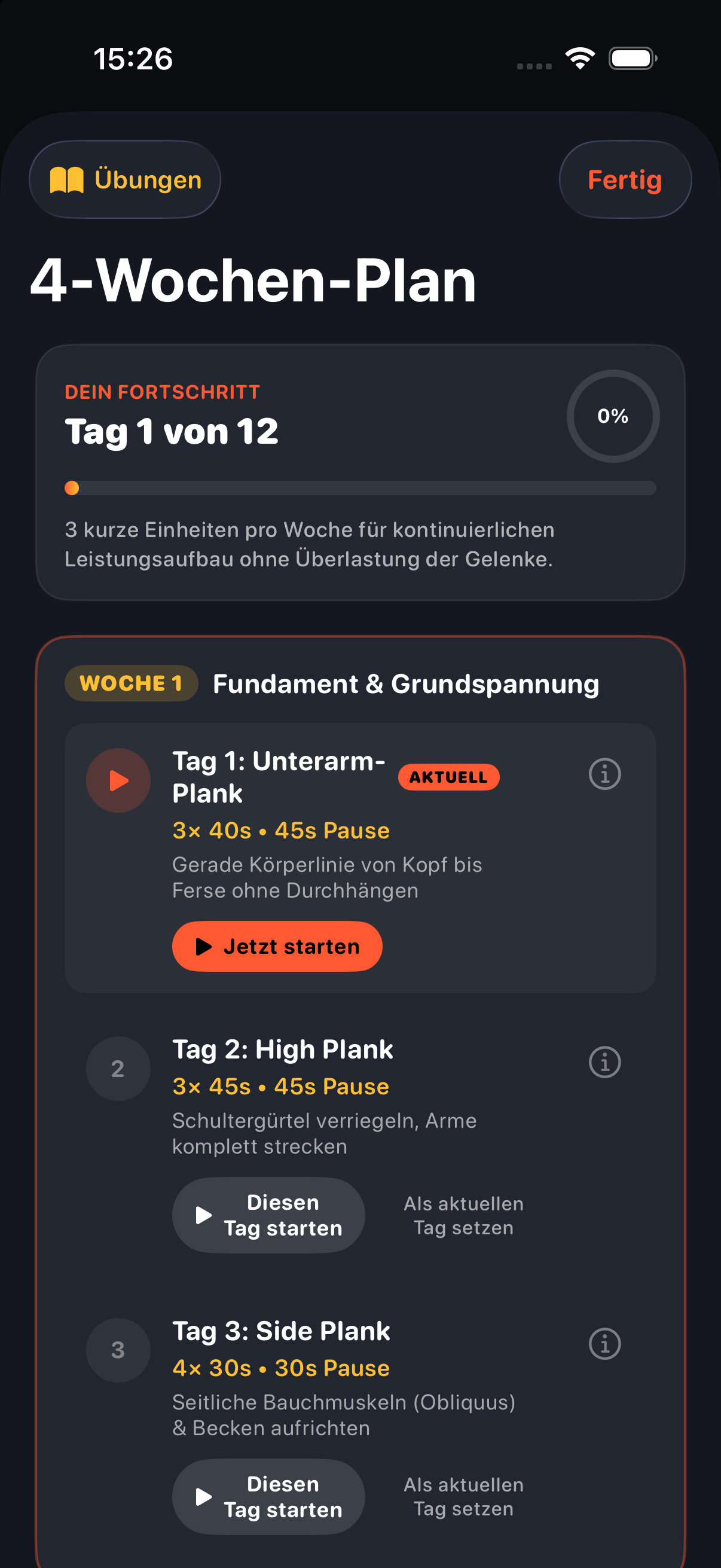 4-Wochen Core-Aufbauplan mit 12 Trainingseinheiten