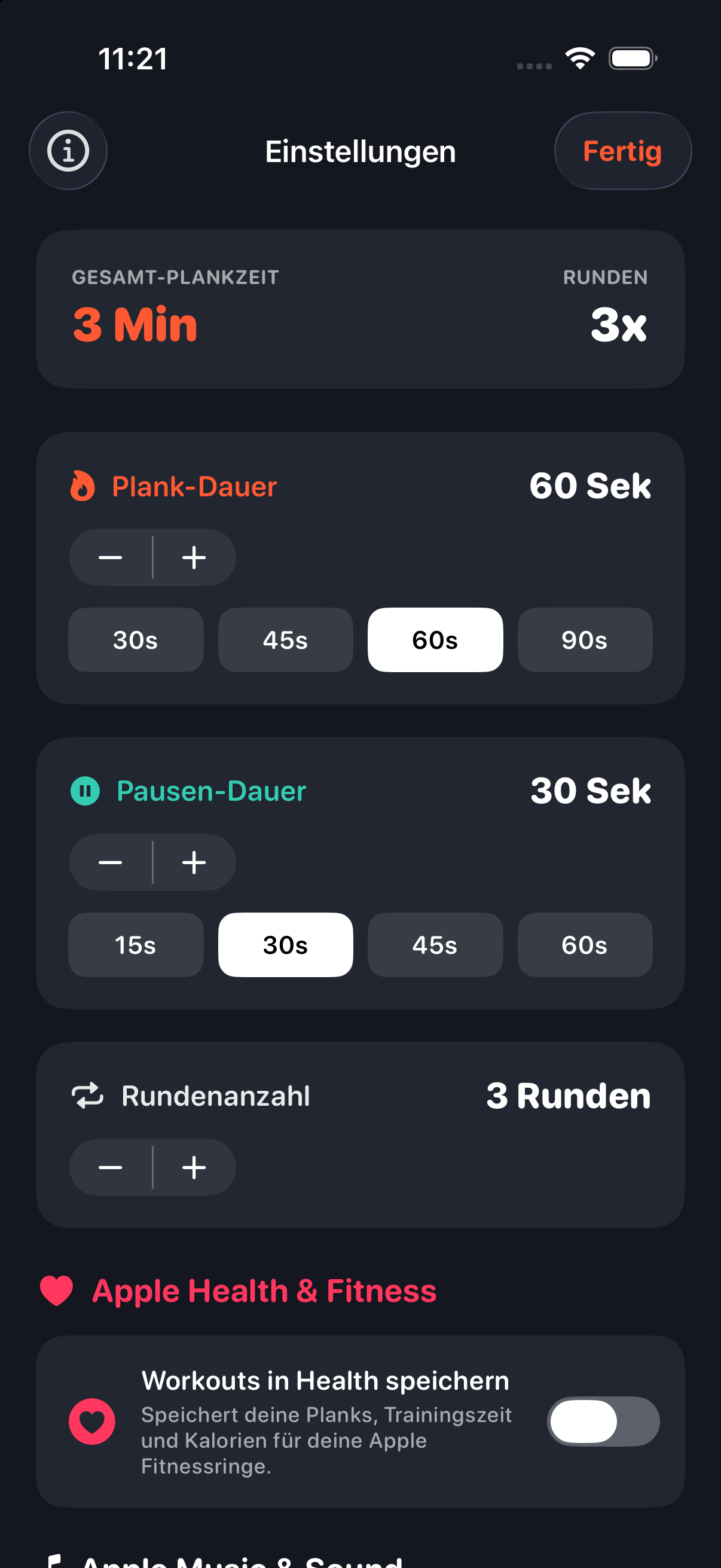 Plank Musik Timer Einstellungen und HealthKit Sync
