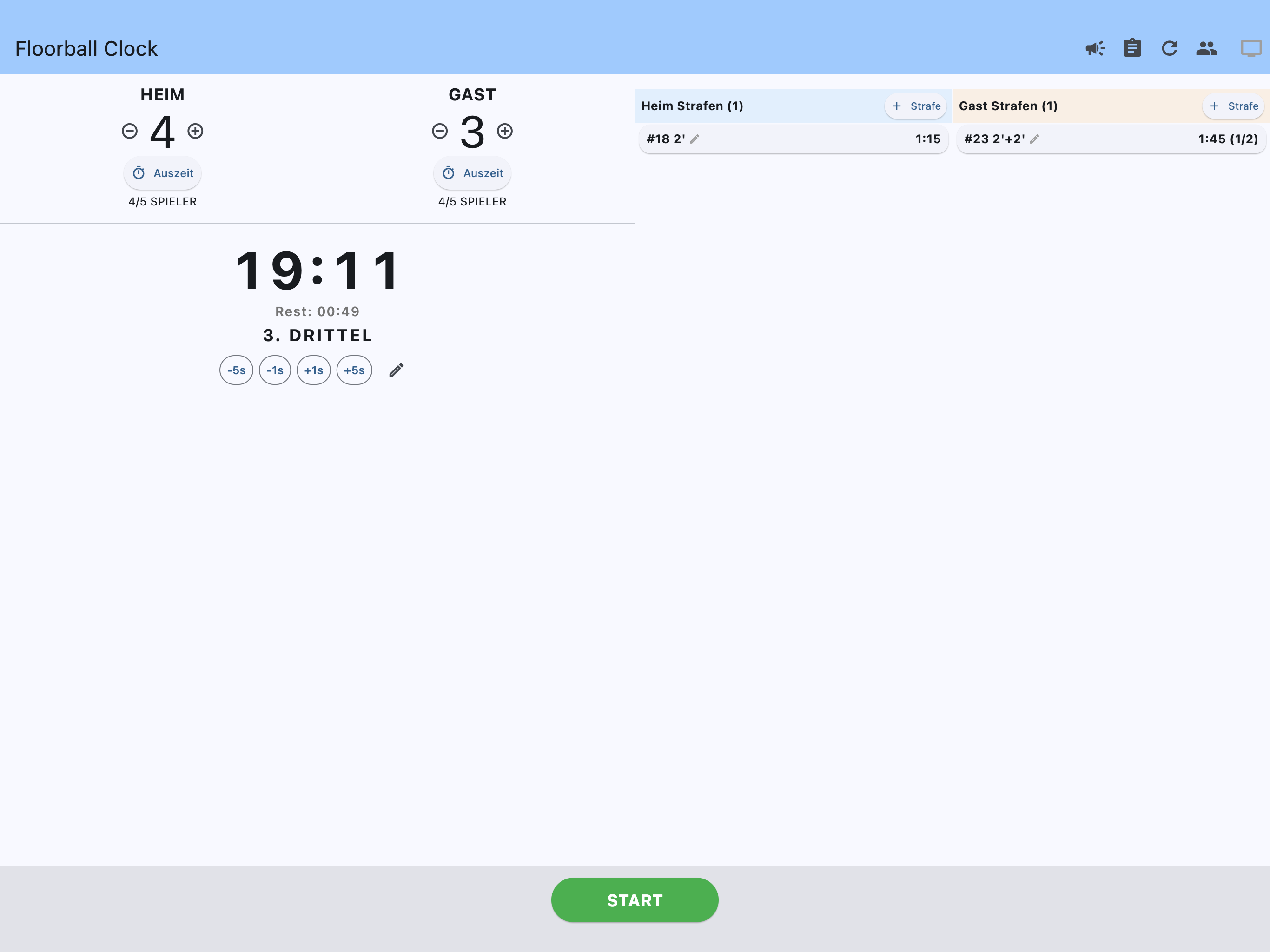 Floorball Clock iPad Hauptsteuerung am Kampfgericht
