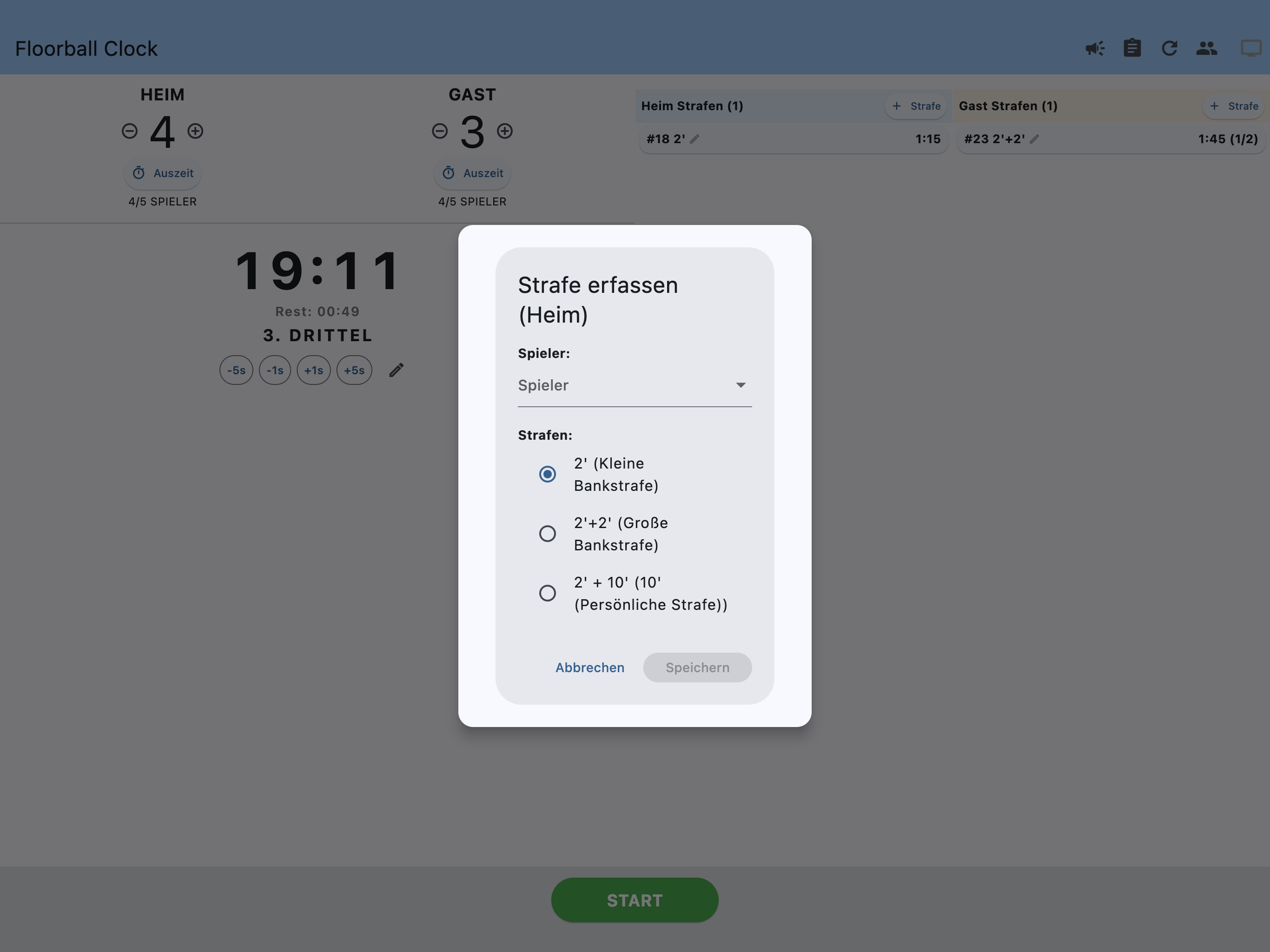 Floorball Clock iPad Strafen-Eingabe